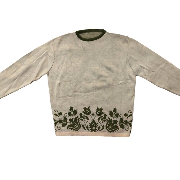Vintage 1940s-1950s 3/4 Sleeve Crewneck Beige Olive Green Floral Woven Sweater - Picture 1 of 7